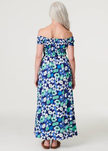 Izabel London Navy Floral Bardot Split Hem Maxi Dress