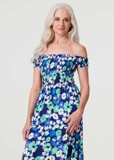Izabel London Navy Floral Bardot Split Hem Maxi Dress