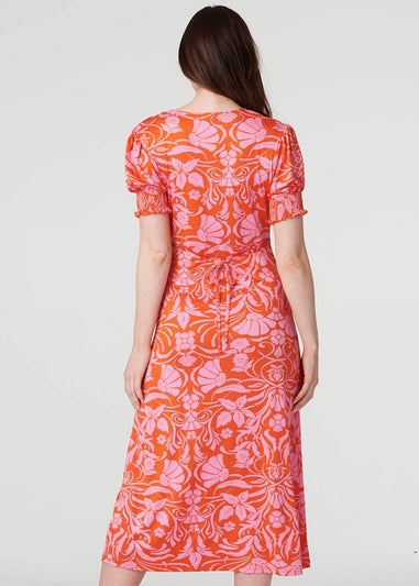 Izabel London Orange Floral Tie Back Midi Tea Dress