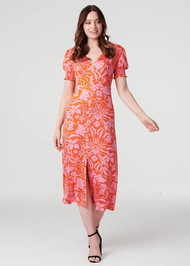 Izabel London Orange Floral Tie Back Midi Tea Dress