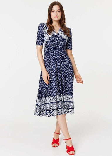 Izabel London Navy Printed Midi Dress