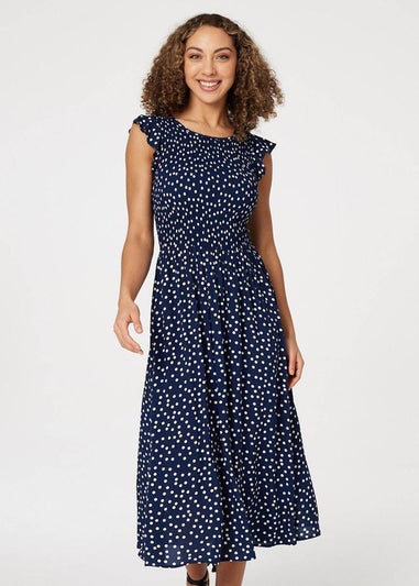 Izabel London Navy Polka Dot Cap Sleeve Midi Dress