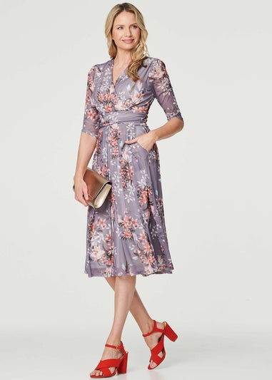 Izabel London Grey Floral Layered V-Neck Midi Dress