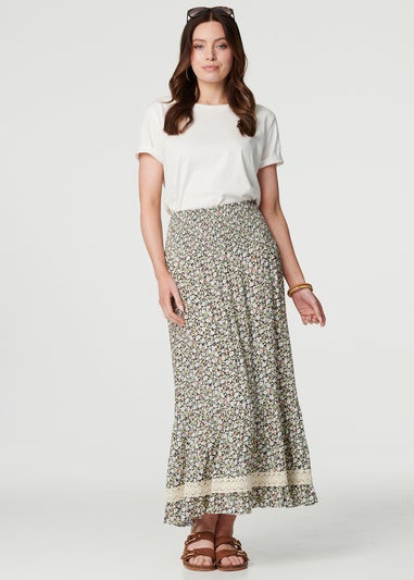 Izabel London Green Ditsy Floral Lace Trim Maxi Skirt