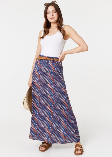 Izabel London Navy Printed Belt Detail Maxi Skirt - Matalan