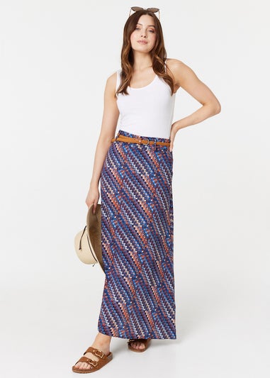 Izabel London Navy Printed Belt Detail Maxi Skirt