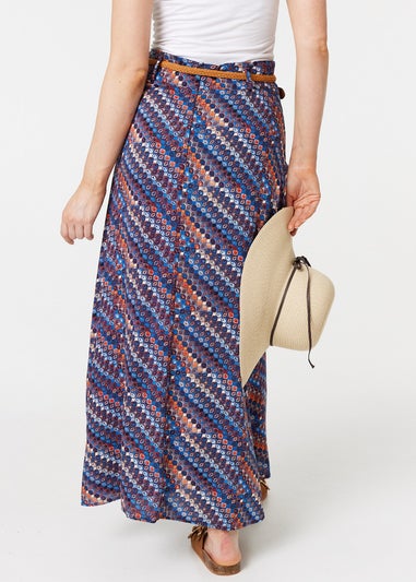 Izabel London Navy Printed Belt Detail Maxi Skirt