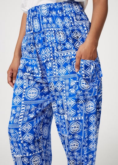 Izabel London Blue Tile Print Tie Pocket Harem Pants