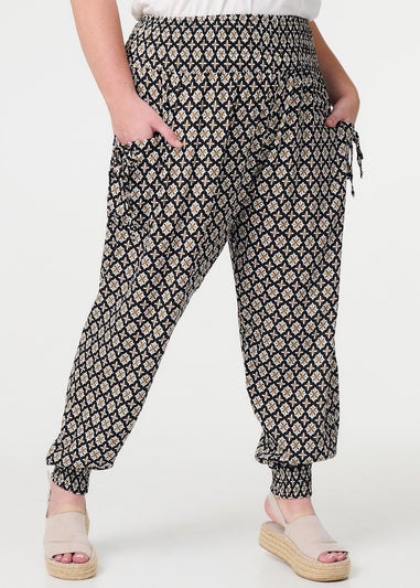 Izabel London Black Mosaic Print Shirred Harem Pants