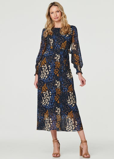 Izabel London Navy Printed Long Puff Sleeve Midi Dress