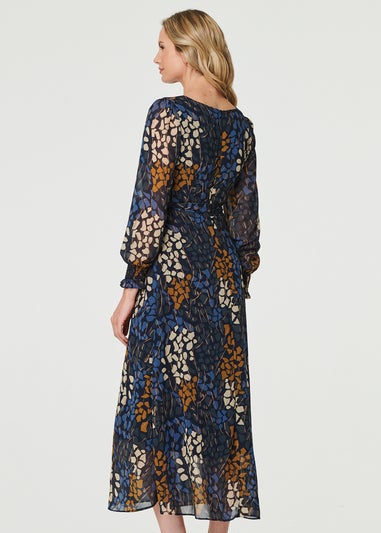 Izabel London Navy Printed Long Puff Sleeve Midi Dress