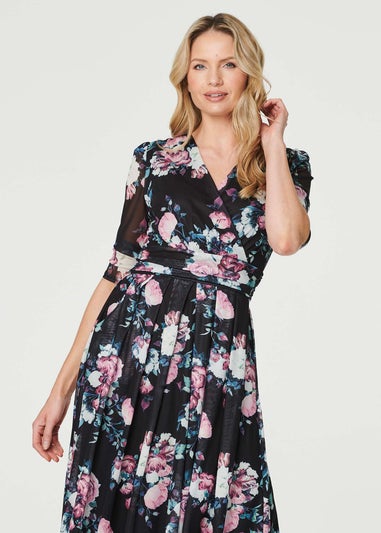 Izabel London Black Floral Ruched Midi Tea Dress