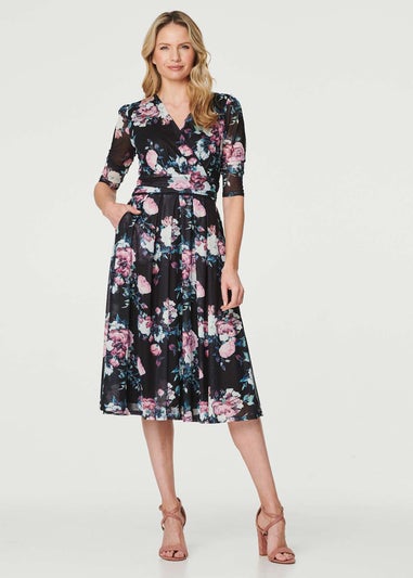 Izabel London Black Floral Ruched Midi Tea Dress