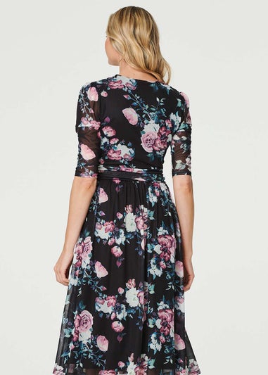 Izabel London Black Floral Ruched Midi Tea Dress