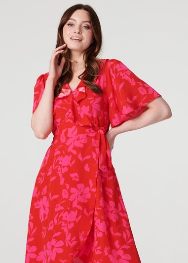 Izabel London Red Floral 1/2 Flare Sleeve Wrap Dress