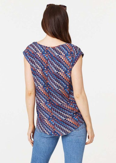 Izabel London Navy Printed Cap Sleeve Shell Top