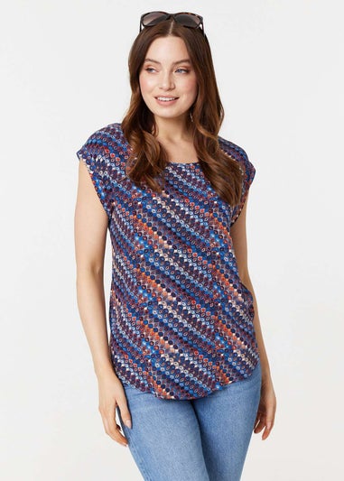 Izabel London Navy Printed Cap Sleeve Shell Top