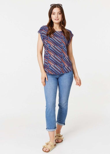 Izabel London Navy Printed Cap Sleeve Shell Top