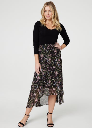 Izabel London Black Floral Semi Sheer High Low Skirt