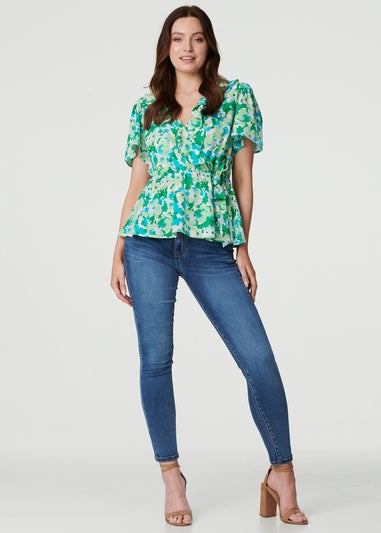 Izabel London Green Floral Frill Detail Peplum Blouse