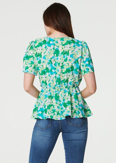 Izabel London Green Floral Frill Detail Peplum Blouse