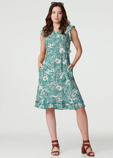 Izabel London Green Paisley Frill Hem Cap Sleeve Dress