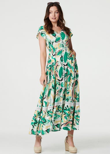 Izabel London Green Printed Lace Trim Maxi Dress