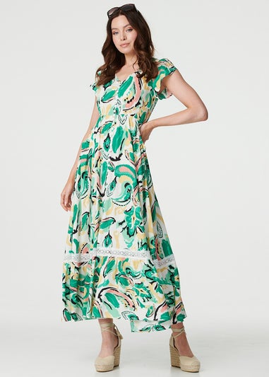 Izabel London Green Printed Lace Trim Maxi Dress