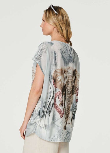 Izabel London Silver Embellished Elephant Graphic Top