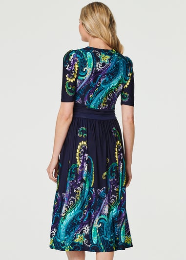 Izabel London Teal Printed Ruched Waist Midi Dress