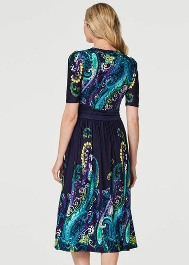 Izabel London Teal Printed Ruched Waist Midi Dress