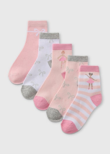 5 Pack Girls Pink Ballerina Ankle Socks (Younger 6-Older 5.5)