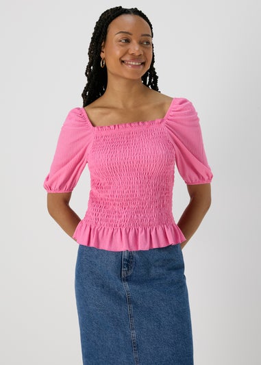 Pink Shirred Square Neck Top