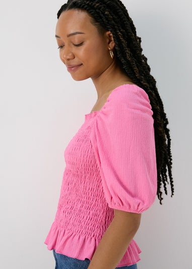 Pink Shirred Square Neck Top