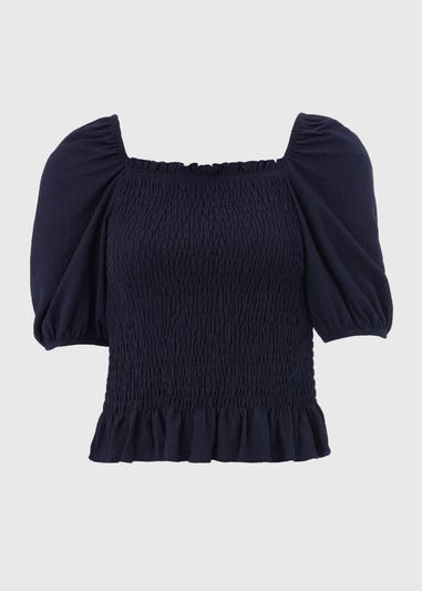 Navy Shirred Square Neck Top