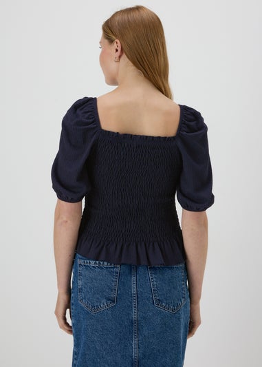 Navy Shirred Square Neck Top