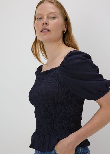 Navy Shirred Square Neck Top