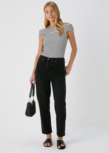 Black Mono Stripe Ribbed Bardot Top