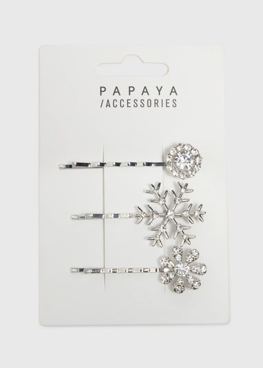 3 Pack Silver Snowflake Hair Clips