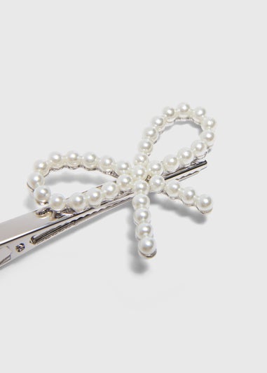 White Pearl Bow Clips