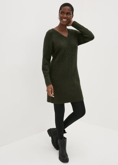 Green Cable Knit V-Neck Mini Dress