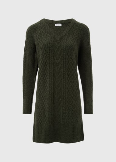 Green Cable Knit V-Neck Mini Dress