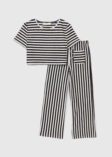 Girls Black Mono Stripe Wed Leg Trousers & Top Set (7-13yrs)