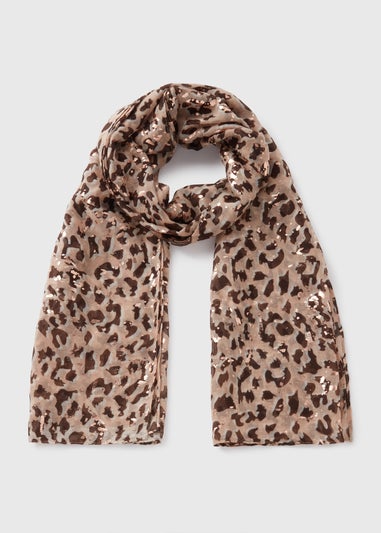 Brown Gold Foil Leopard Print Woven Scarf