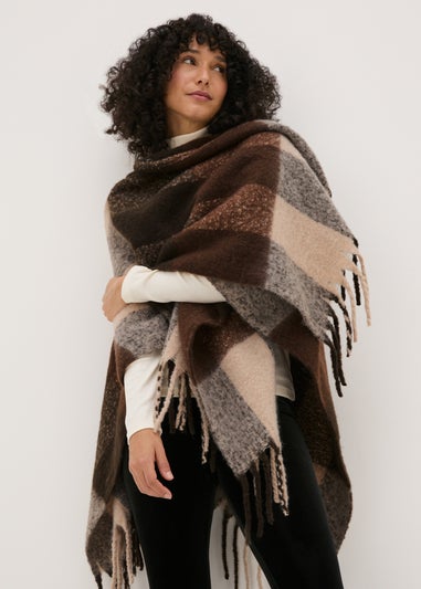 Brown Check Brushed Shawl