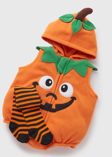 Kids Orange Pumpkin Suit With Tights  (Newborn-23mths)