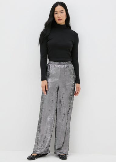 Silver Wide Leg Textured Trousers