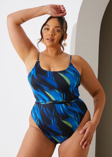 In The Style Perrie Sian Blue Ombre Trim Belted Swimsuit