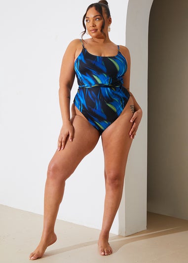 In The Style Perrie Sian Blue Ombre Trim Belted Swimsuit