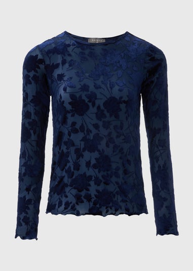 Navy Floral Velour High Neck Top